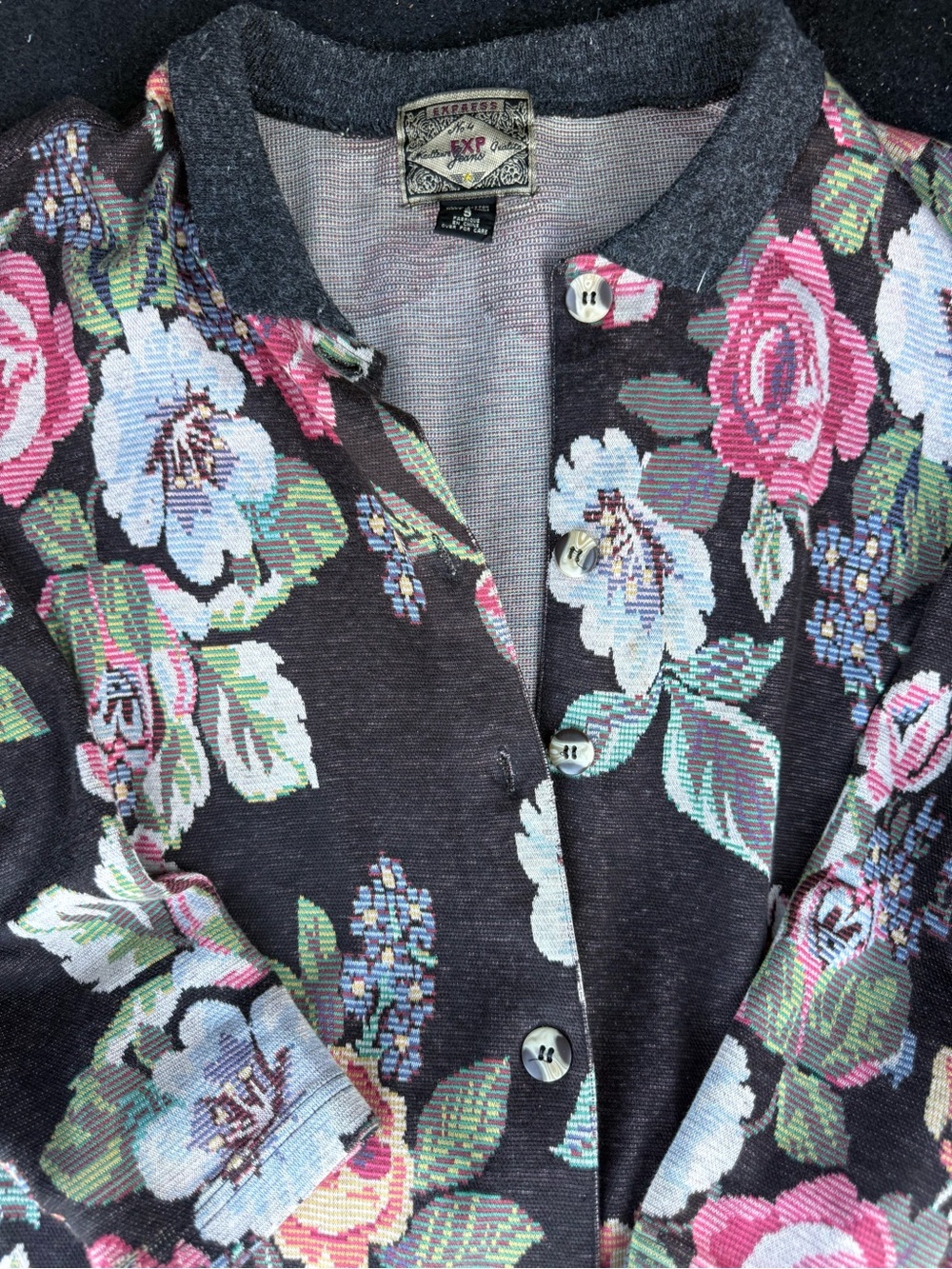 VTG 90s Express EXP Jeans Rose Floral Pattern Button Up Top Small Grandmacore